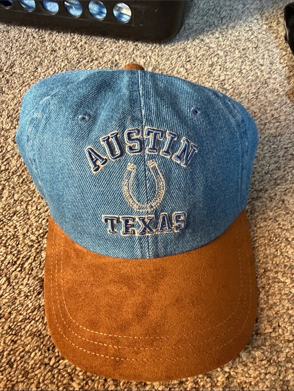 American Eagle Outfitters Blue Denim and Brown Suede Austin Texas Cap